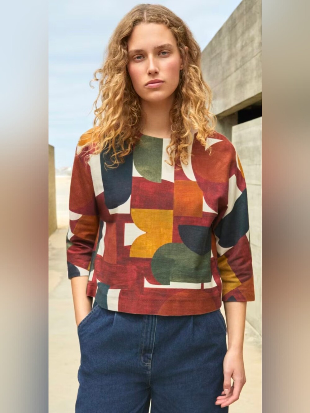 Poetry Women's Quarter Sleeve Burnt Orange Geometric Print Jersey Top